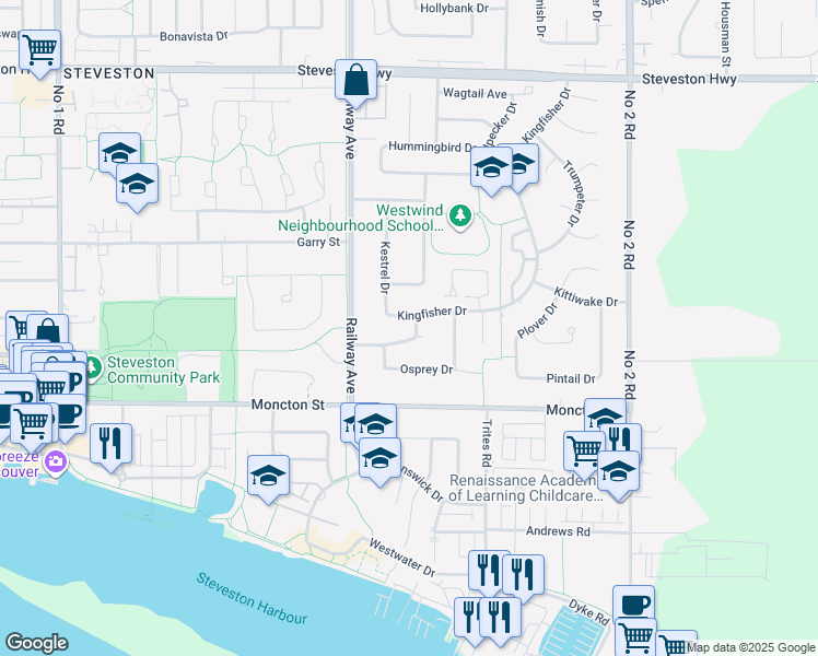 map of restaurants, bars, coffee shops, grocery stores, and more near 5271 Merganser Drive in Richmond