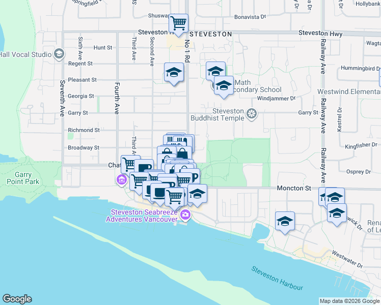 map of restaurants, bars, coffee shops, grocery stores, and more near 11900 Number 1 Road in Richmond