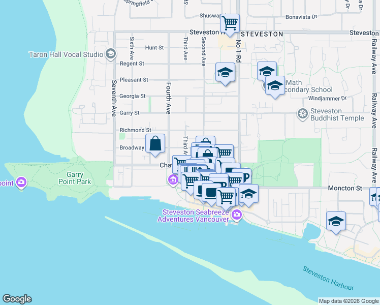 map of restaurants, bars, coffee shops, grocery stores, and more near 3580 Broadway Street in Richmond