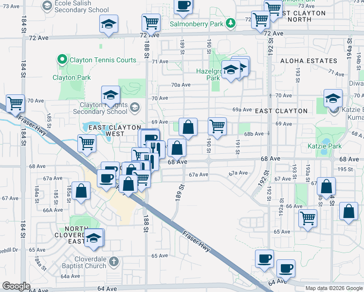 map of restaurants, bars, coffee shops, grocery stores, and more near 18908 68A Avenue in Surrey