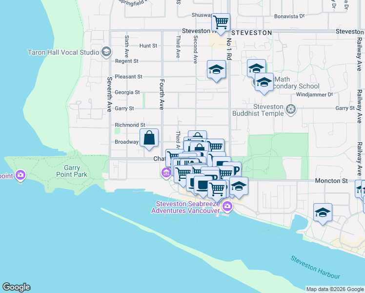 map of restaurants, bars, coffee shops, grocery stores, and more near 3580 Broadway Street in Richmond