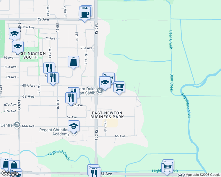 map of restaurants, bars, coffee shops, grocery stores, and more near 15299 68 Avenue in Surrey