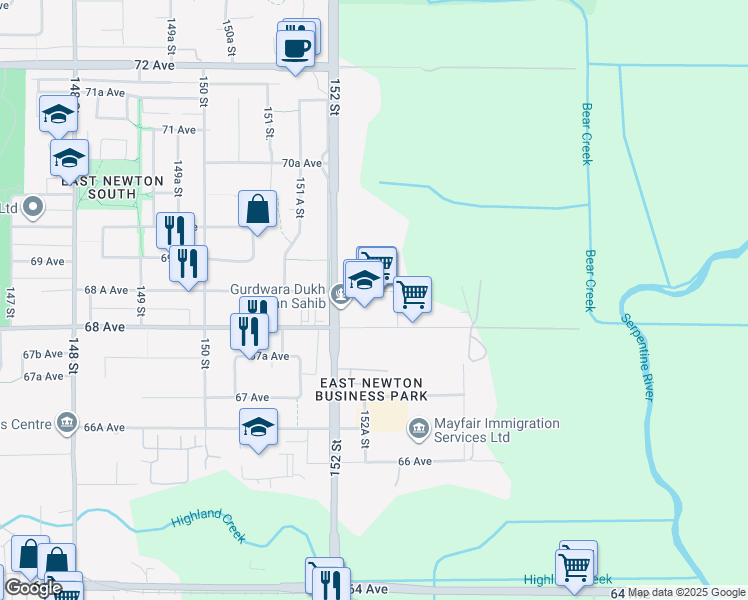 map of restaurants, bars, coffee shops, grocery stores, and more near 15299 68 Avenue in Surrey