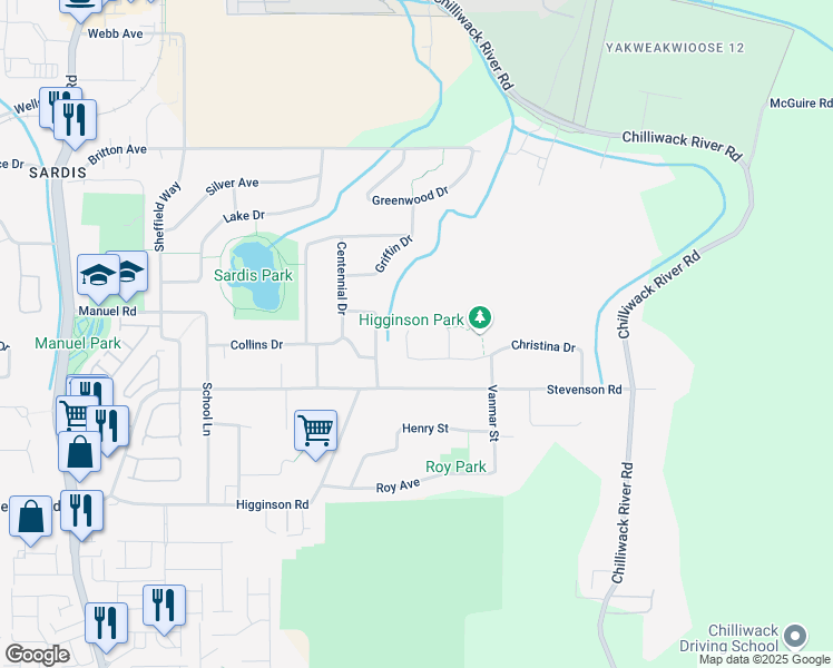 map of restaurants, bars, coffee shops, grocery stores, and more near 46157 Christina Drive in Chilliwack