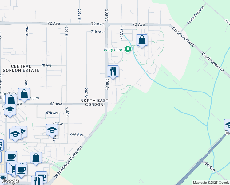map of restaurants, bars, coffee shops, grocery stores, and more near 6867 208A Street in Langley