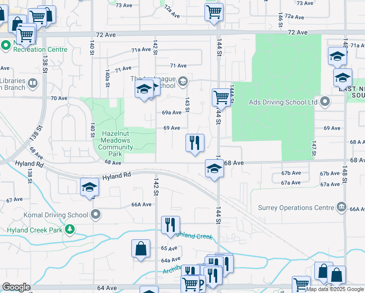 map of restaurants, bars, coffee shops, grocery stores, and more near 6859 143 Street in Surrey