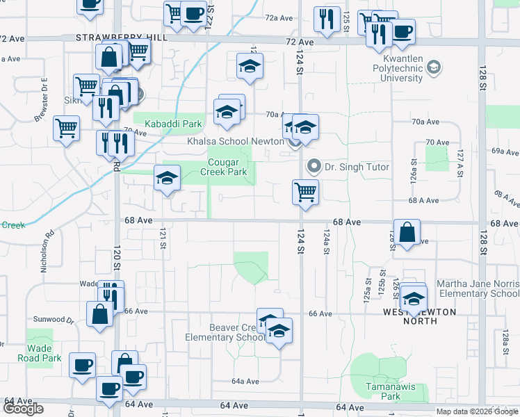 map of restaurants, bars, coffee shops, grocery stores, and more near 6830 123 Street in Surrey