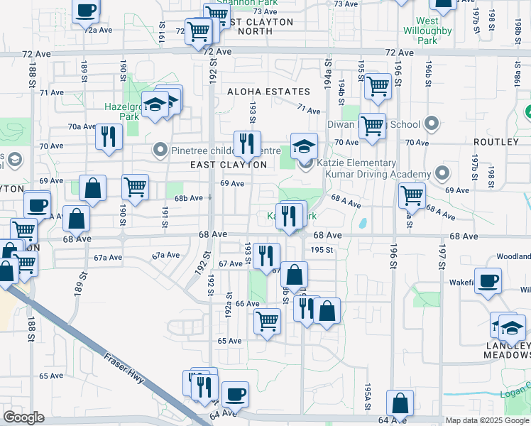 map of restaurants, bars, coffee shops, grocery stores, and more near 6852 193 Street in Surrey