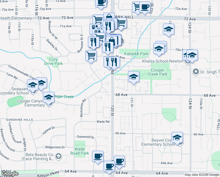 map of restaurants, bars, coffee shops, grocery stores, and more near 6905 120 Street in Delta