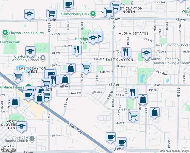 map of restaurants, bars, coffee shops, grocery stores, and more near 19095 68A Avenue in Surrey