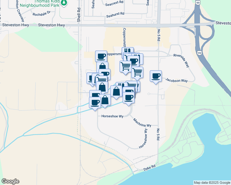 map of restaurants, bars, coffee shops, grocery stores, and more near 11871 Horseshoe Way in Richmond