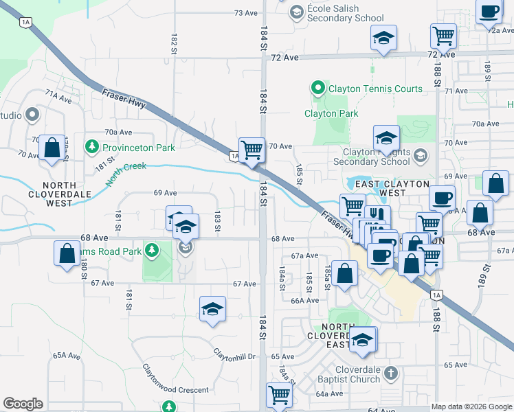 map of restaurants, bars, coffee shops, grocery stores, and more near 6885 184 Street in Surrey