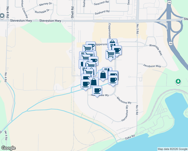 map of restaurants, bars, coffee shops, grocery stores, and more near 11880 Hammersmith Way in Richmond