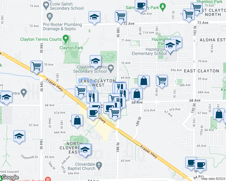 map of restaurants, bars, coffee shops, grocery stores, and more near in Surrey