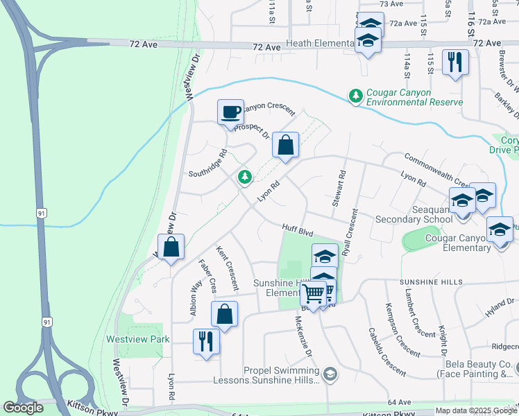 map of restaurants, bars, coffee shops, grocery stores, and more near 11124 Lyon Road in Delta