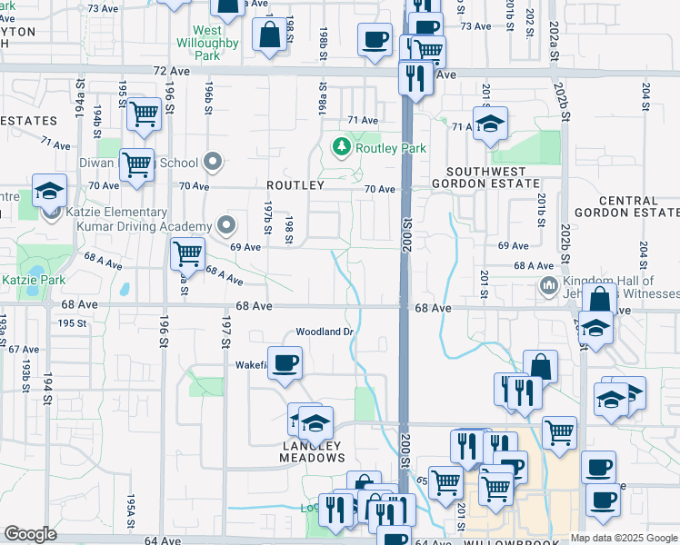 map of restaurants, bars, coffee shops, grocery stores, and more near 6848 198B Street in Langley