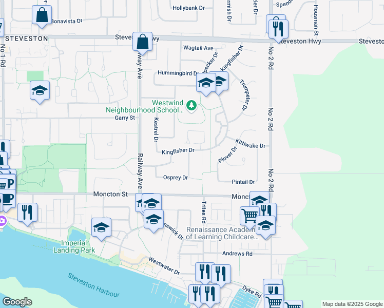 map of restaurants, bars, coffee shops, grocery stores, and more near 11820 Kingfisher Drive in Richmond