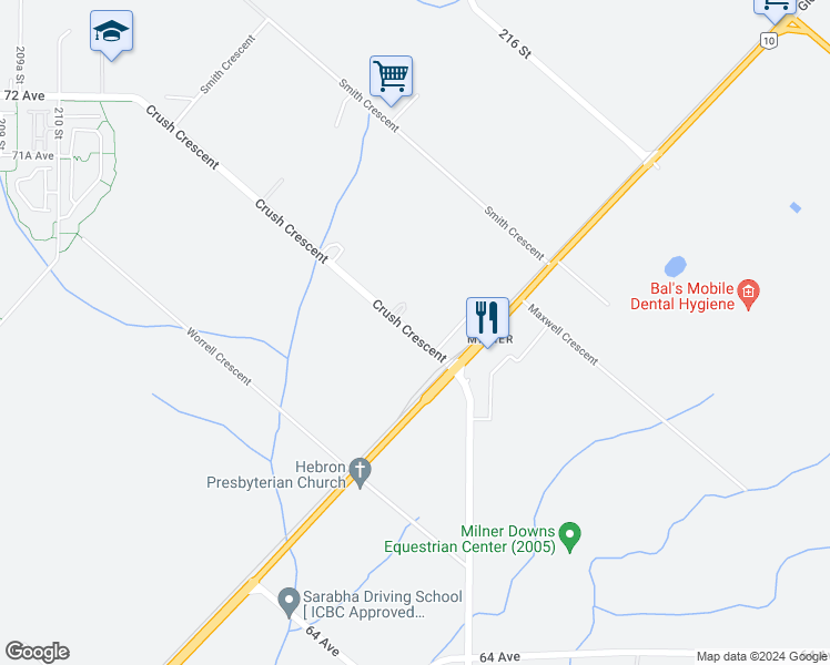 map of restaurants, bars, coffee shops, grocery stores, and more near 21533 Crush Crescent in Langley