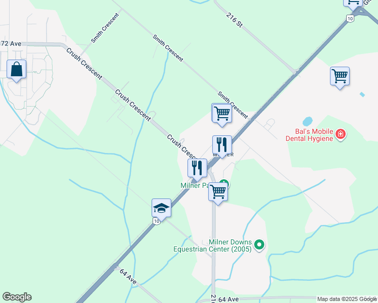 map of restaurants, bars, coffee shops, grocery stores, and more near 21533 Crush Crescent in Langley