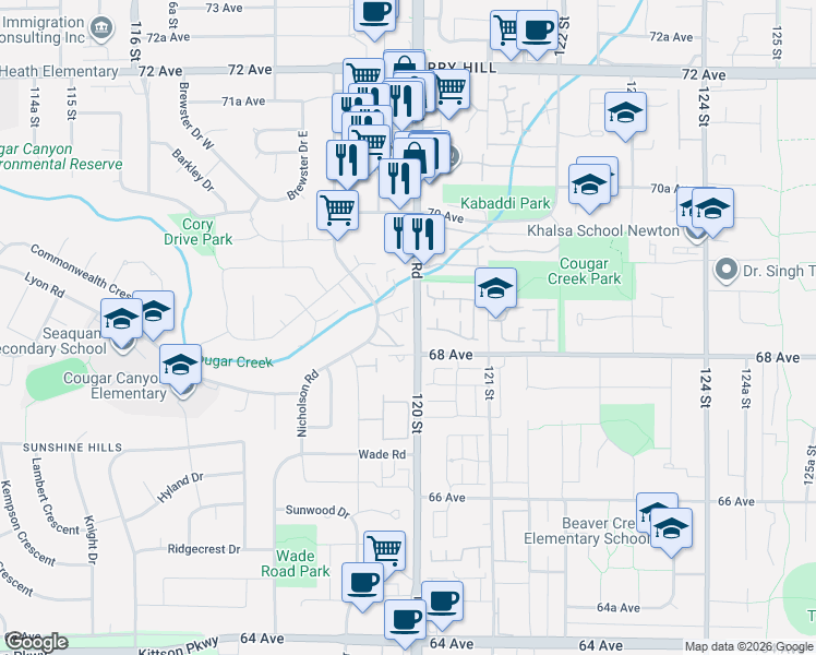 map of restaurants, bars, coffee shops, grocery stores, and more near 6866 Nicholson Road in Delta