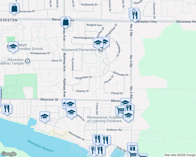 map of restaurants, bars, coffee shops, grocery stores, and more near 11780 Kingfisher Drive in Richmond