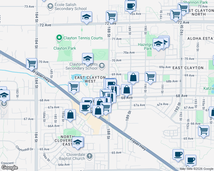 map of restaurants, bars, coffee shops, grocery stores, and more near 18777 68 A Avenue in Surrey