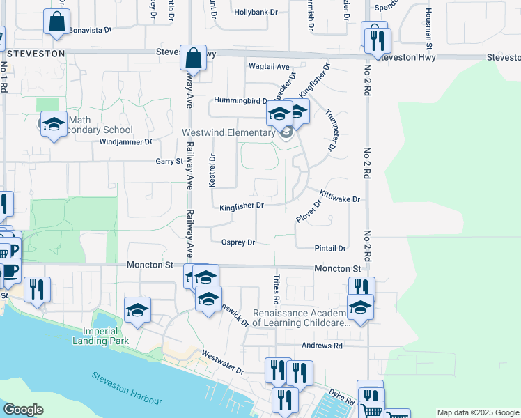 map of restaurants, bars, coffee shops, grocery stores, and more near 11820 Kingfisher Drive in Richmond