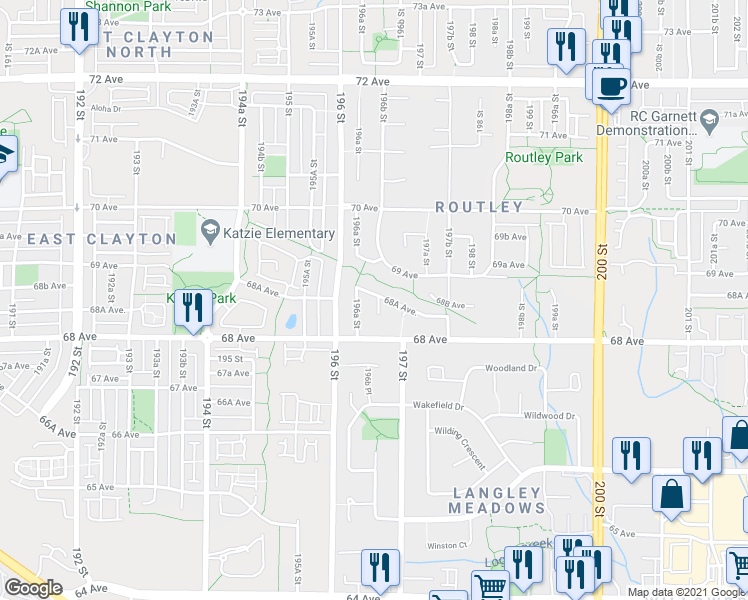 map of restaurants, bars, coffee shops, grocery stores, and more near 19670 68A Avenue in Langley