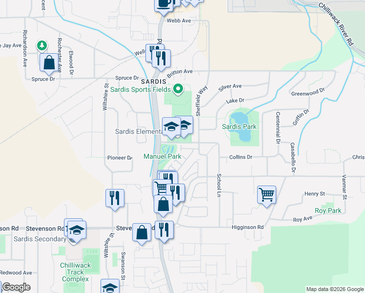 map of restaurants, bars, coffee shops, grocery stores, and more near 6887 Sheffield Way in Chilliwack