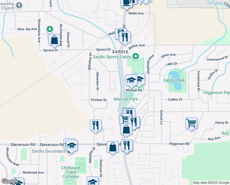 map of restaurants, bars, coffee shops, grocery stores, and more near 7001 Eden Drive in Chilliwack