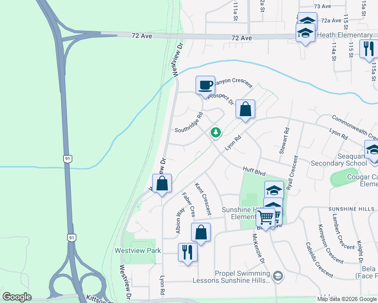 map of restaurants, bars, coffee shops, grocery stores, and more near 6854 Upper Canyon Place in Delta