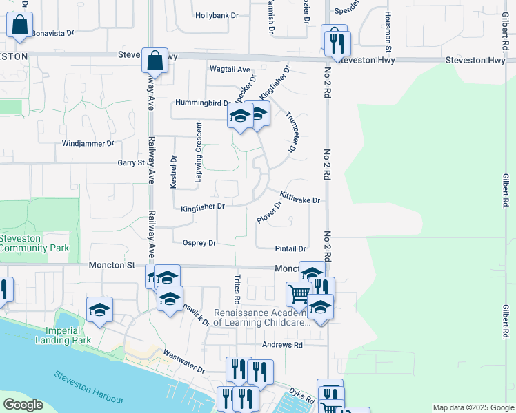 map of restaurants, bars, coffee shops, grocery stores, and more near 11700 Kingfisher Drive in Richmond