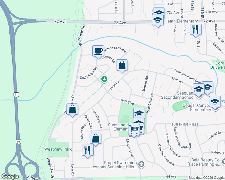 map of restaurants, bars, coffee shops, grocery stores, and more near 11149 Lyon Road in Delta