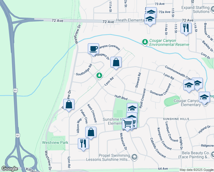 map of restaurants, bars, coffee shops, grocery stores, and more near 11134 Lyon Road in Delta