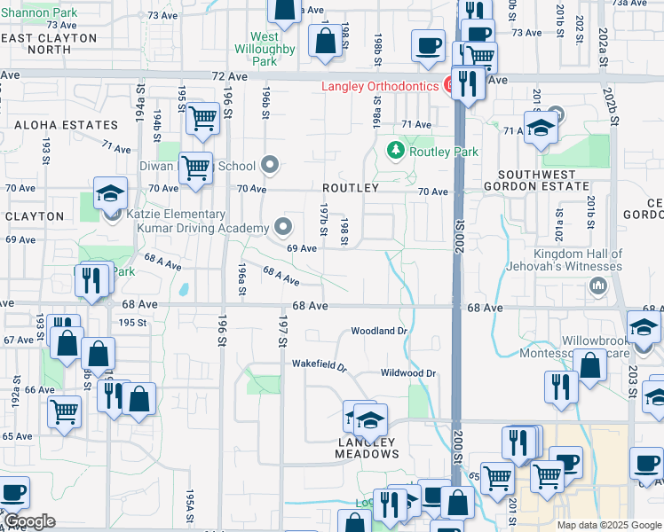 map of restaurants, bars, coffee shops, grocery stores, and more near 6870 197B Street in Langley City
