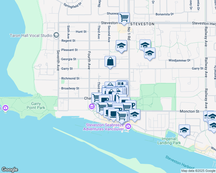map of restaurants, bars, coffee shops, grocery stores, and more near 3691 Broadway Street in Richmond