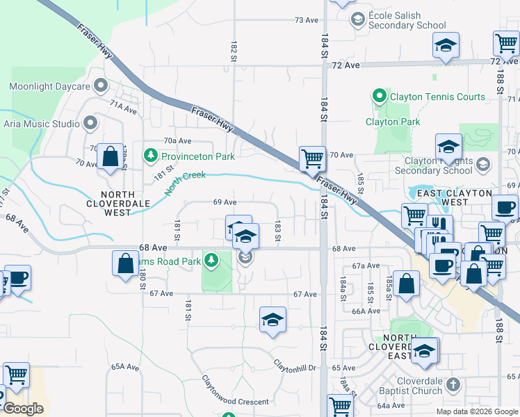 map of restaurants, bars, coffee shops, grocery stores, and more near 18260 69 Avenue in Surrey