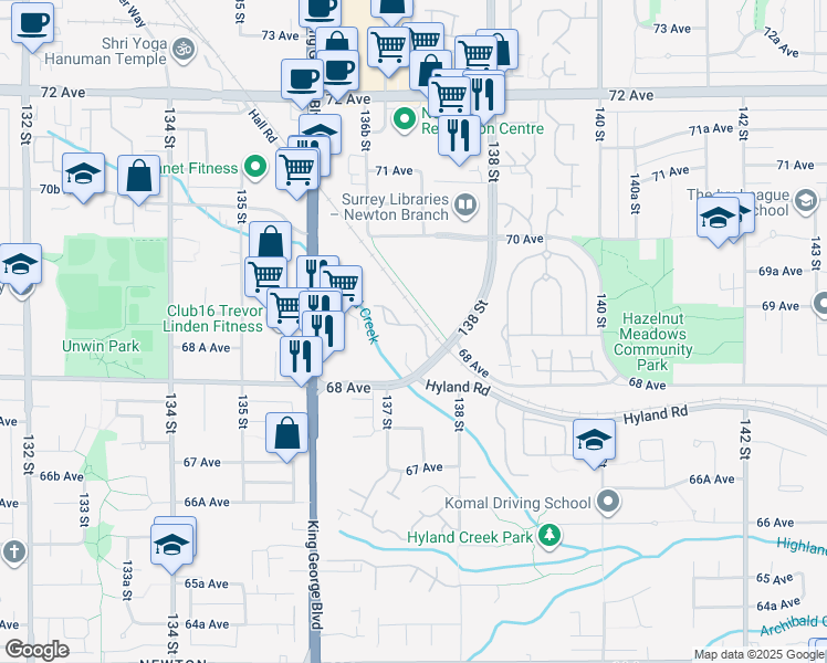 map of restaurants, bars, coffee shops, grocery stores, and more near 6841 138 Street in Surrey