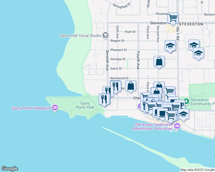 map of restaurants, bars, coffee shops, grocery stores, and more near 11671 Seventh Avenue in Richmond