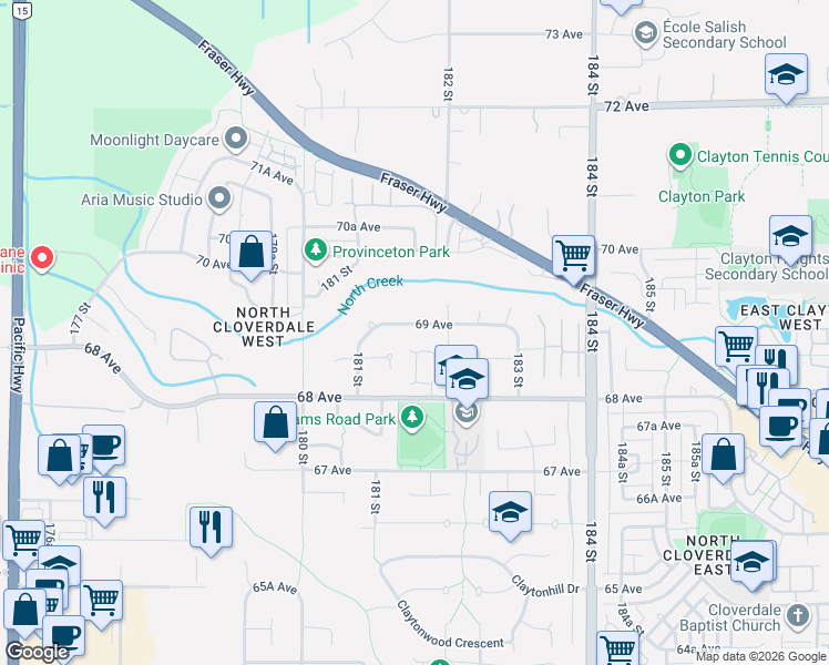 map of restaurants, bars, coffee shops, grocery stores, and more near 18162 69 Avenue in Surrey