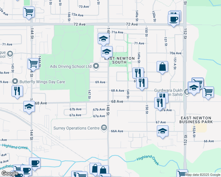 map of restaurants, bars, coffee shops, grocery stores, and more near 14775 68A Avenue in Surrey
