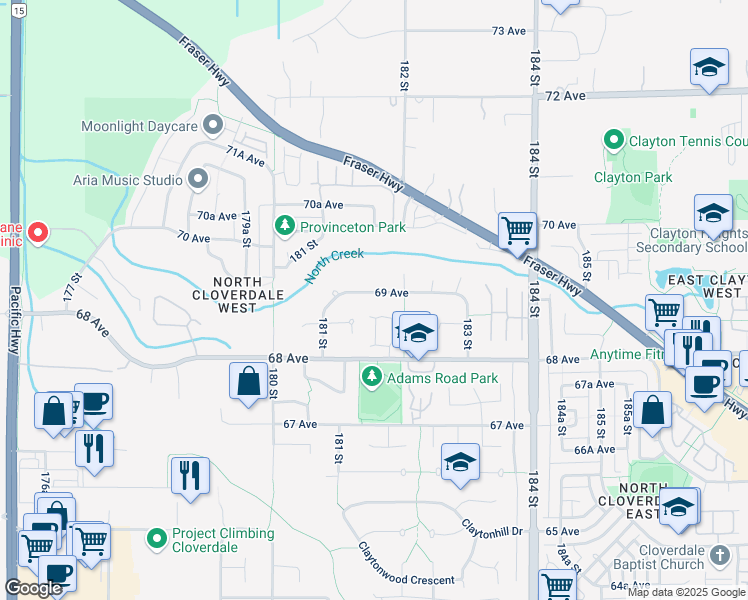 map of restaurants, bars, coffee shops, grocery stores, and more near 18162 69 Avenue in Surrey