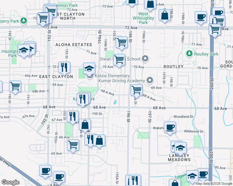 map of restaurants, bars, coffee shops, grocery stores, and more near 19505 68 A Avenue in Surrey