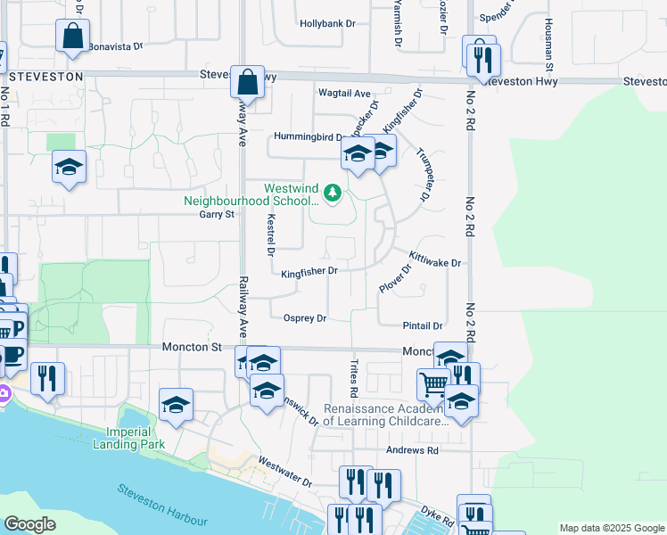 map of restaurants, bars, coffee shops, grocery stores, and more near 11771 Kingfisher Drive in Richmond