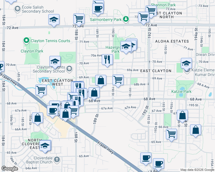 map of restaurants, bars, coffee shops, grocery stores, and more near 18962 68B Avenue in Surrey