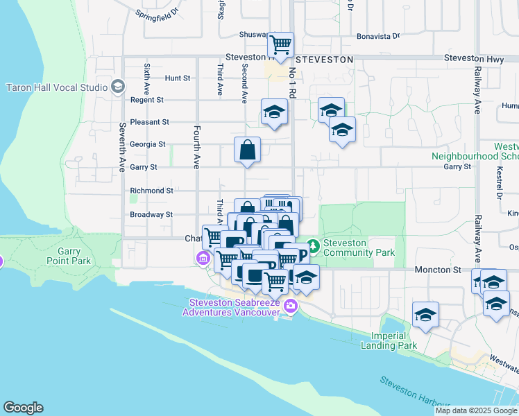 map of restaurants, bars, coffee shops, grocery stores, and more near 3775 Broadway Street in Richmond