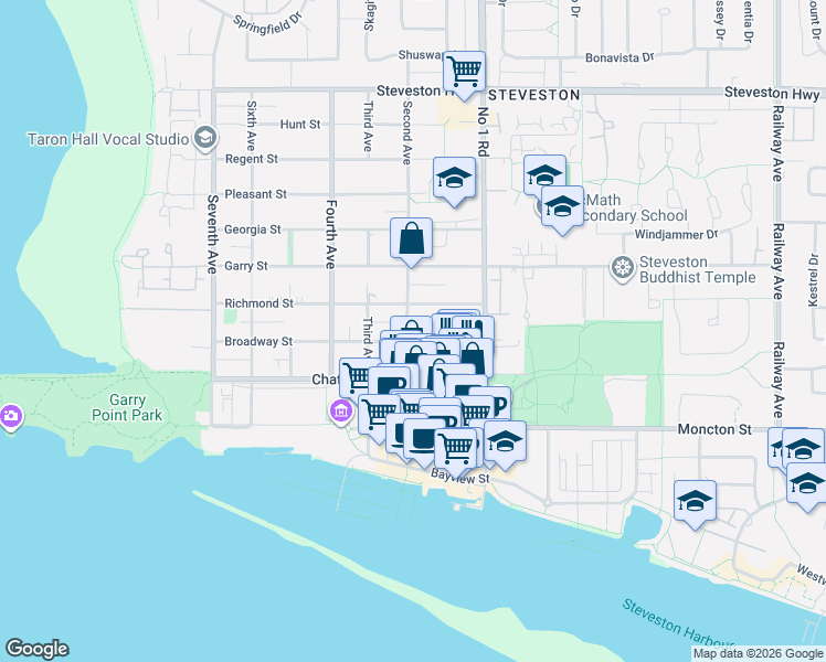 map of restaurants, bars, coffee shops, grocery stores, and more near 11780 Second Avenue in Richmond