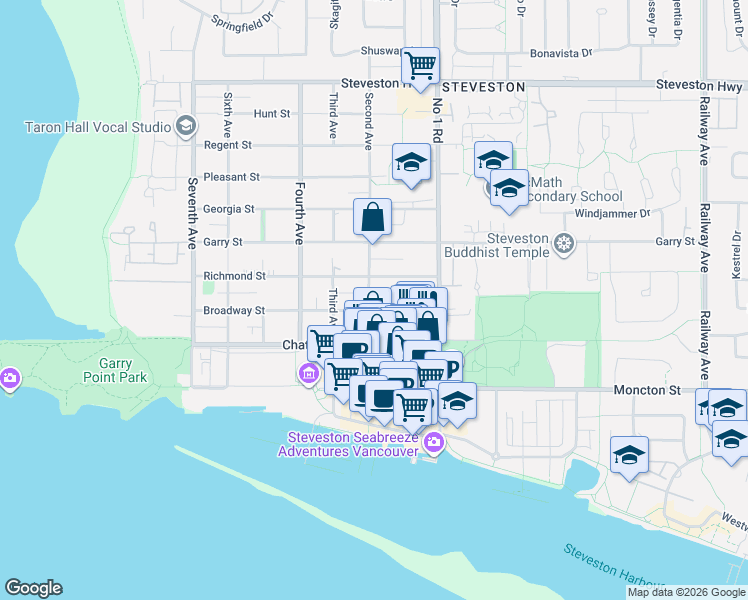 map of restaurants, bars, coffee shops, grocery stores, and more near 11780 Second Avenue in Richmond