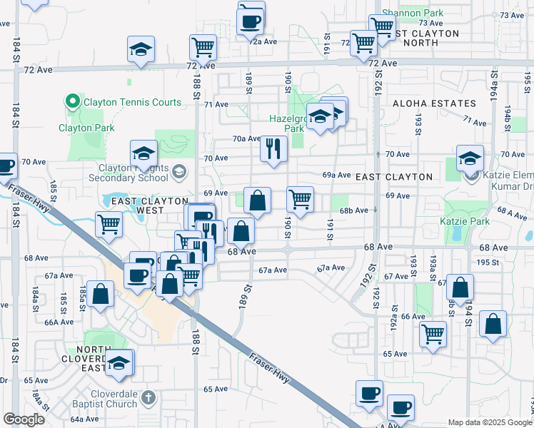 map of restaurants, bars, coffee shops, grocery stores, and more near 18942 68B Avenue in Surrey