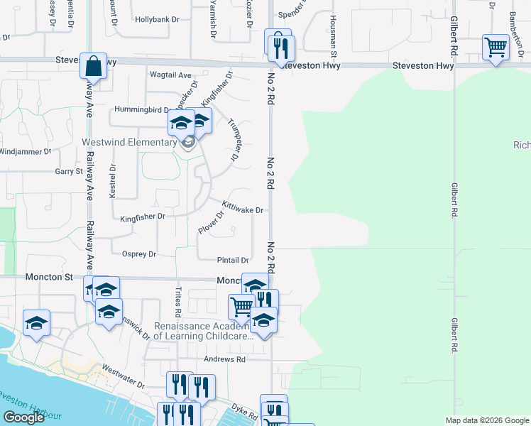 map of restaurants, bars, coffee shops, grocery stores, and more near 5988 Kittiwake Drive in Richmond